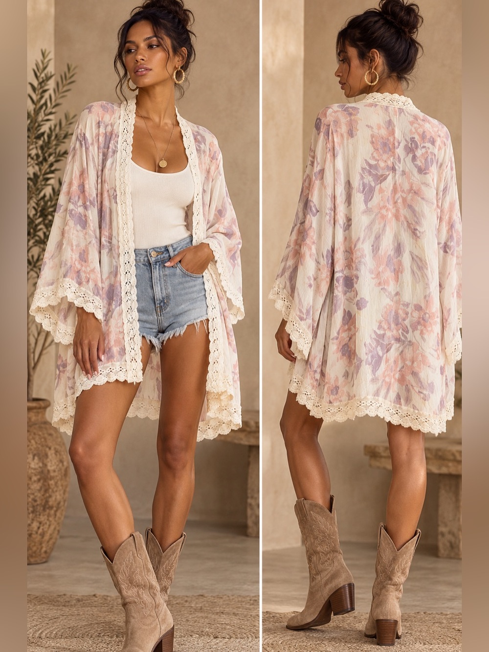 Free People Floral Lace-Trim Kimono Cover-Up - Cream, Pink & Lavender